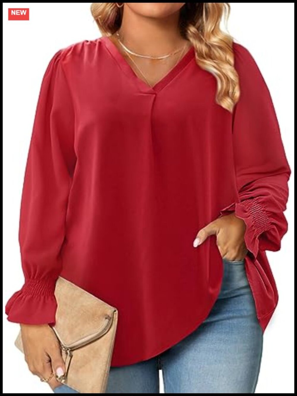 Plus Size Chiffon Blouse Long Sleeve V Neck Ruffle Cuff Pleated Top